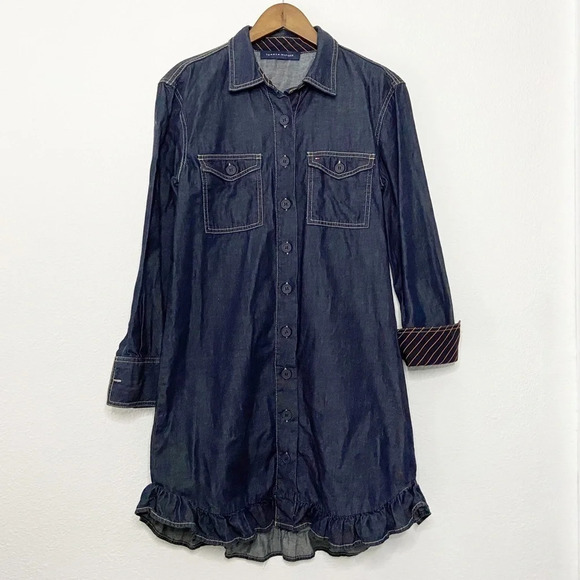 Tommy Hilfiger Denim Shirtdress Ruffle Hem NEW Size 8/10 Casual Chic Americana - Picture 2 of 16
